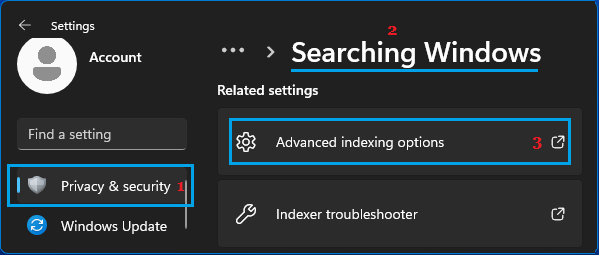 Windows Search Advanced Indexing Options