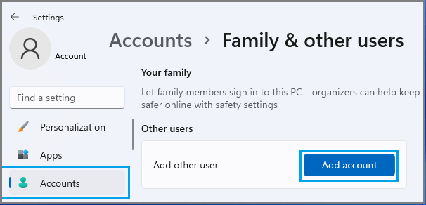 Add Account Option in Windows 11