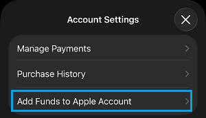 Add Funds to Apple Account Option on iPhone