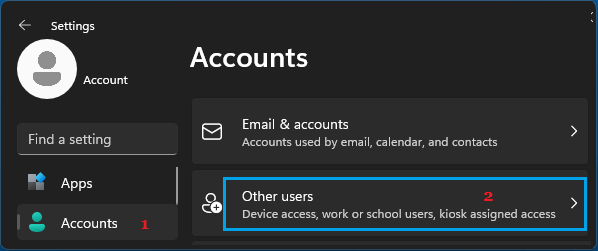 Other Users Option on Windows Account Settings Screen
