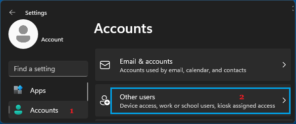 Other Users Settings Tab on Windows Computer