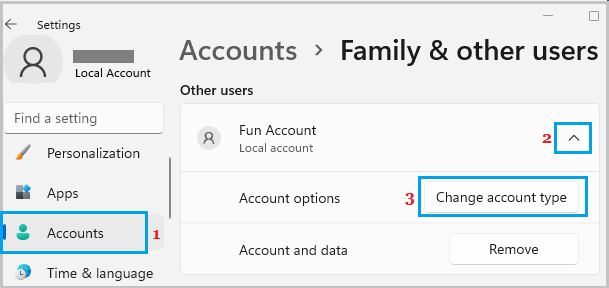 Change Account Type Option in Windows 11