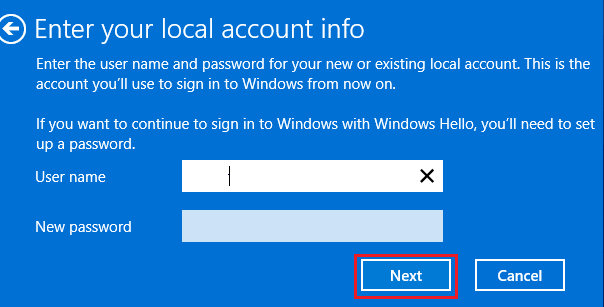 Enter Local Account Name and Password