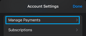 Manage Payments Option In Apple ID Settings on iPhone