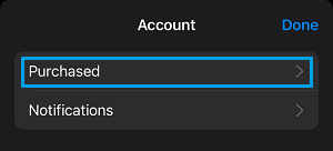 Purchased Tab on App Store Settings Screen on iPhone