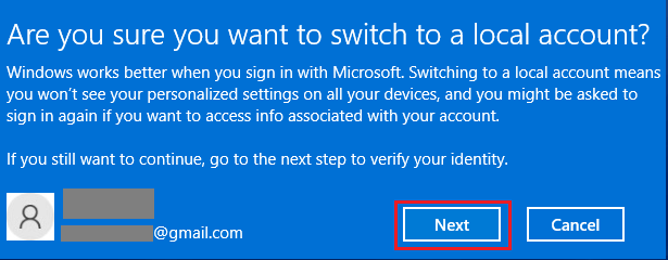 Confirm to Switch From Microsoft to Local Account