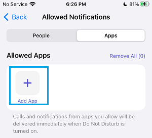Add Apps Option in Do Not Disturb Mode on iPhone