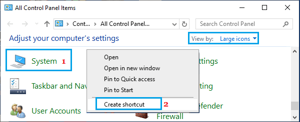 Create System Shortcut Using Control Panel