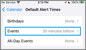 Default Alert Times Setting Option on iPhone