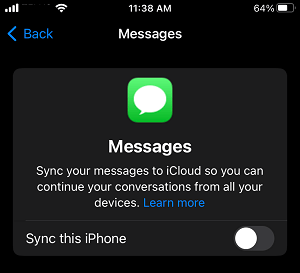 Disable Messages in Cloud Option on iPhone