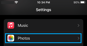 Photos Tab on iPhone Settings Screen