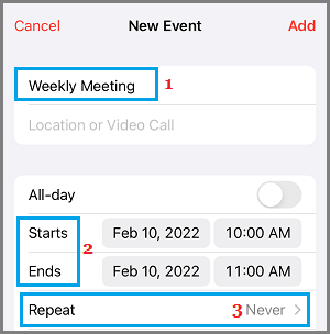 Type Details, Select Start/End Time for Calendar Event