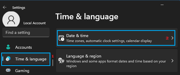 Opción de configuración de fecha y hora en Windows 11