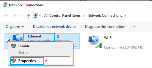 Open Ethernet Properties Screen