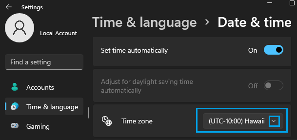 Select Time Zone Option in Windows 11