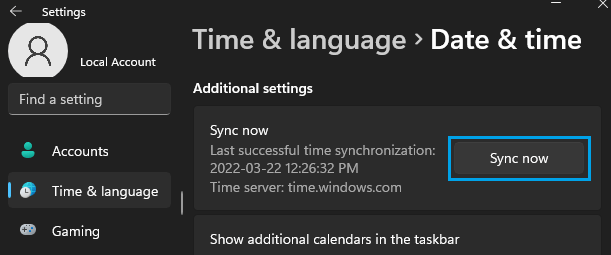 Sync Time Option in Windows 11