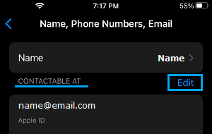 Edit Email Option on iPhone