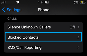 Blocked Contacts Tab on iPhone