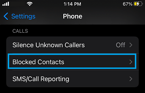 Blocked Contacts Settings Option on iPhone