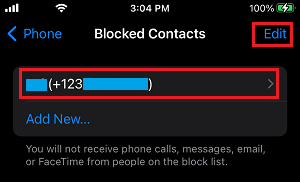 Blocked Contacts List on iPhone