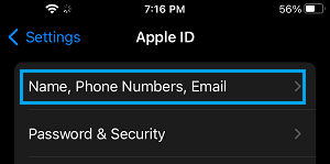 Name, Phone Numbers, Email Settings Option on iPhone