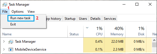 Run New Task Option in Windows Task Manager Screen