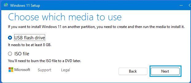 USB Flash Drive and ISO File Options on Windows 11 Setup Screen