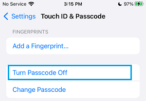 Turn Passcode OFF Option on iPhone