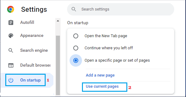 Open Current Pages on Startup Option in Google Chrome