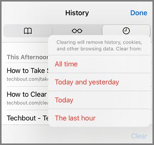 Varias opciones de borrar historial en iPhone Safari Browser