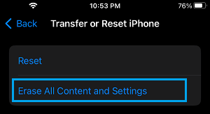 Erase All Content & Settings Option on iPhone
