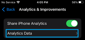 Analytics Data Tab in iPhone Settings