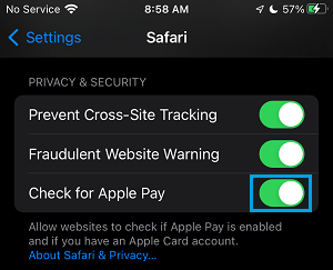 Habilite Check for Apple Pay en Safari en iPhone