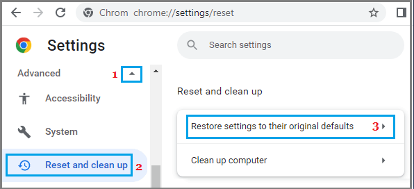 Restore Settings to Default Option in Chrome