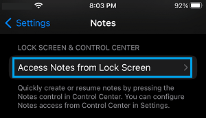 Access Notes from Lock Screen Settings option on iPhone