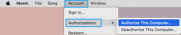 Authorize This Computer Option in Apple Music on Mac