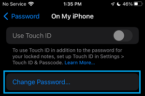 Change Password Option on iPhone Notes App