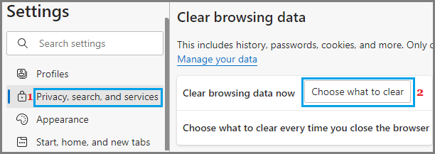 Clearing Browsing Data Option in Microsoft Edge