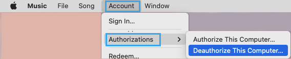 Deauthorize This Computer Option in Apple Music on Mac
