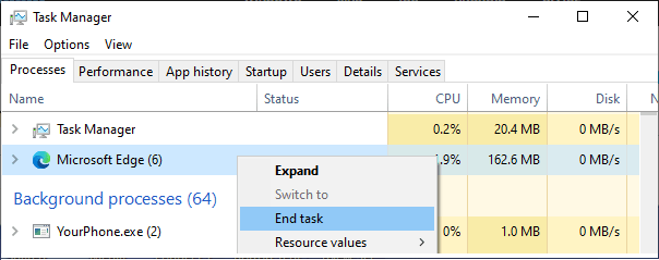 Terminar los procesos de Microsoft Edge usando el Administrador de tareas