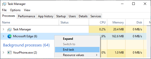 Beenden Sie Microsoft Edge-Prozesse Mit Dem Task-Manager