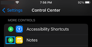 Add Notes to Control Center Option on iPhone