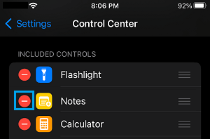 Remove Notes From Control Center Option on iPhone