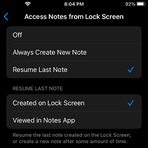 Access Notes from Lock Screen Settings Option on iPhone