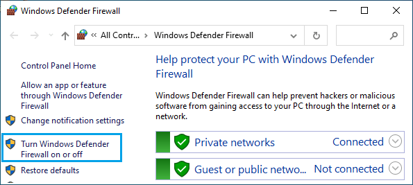 Turn Windows Defender Firewall ON/OFF Option in Control Panel