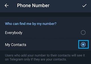 Permitir que solo los contactos lo encuentren por número de teléfono en Telegram