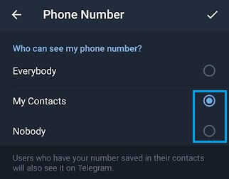 Permitir que los contactos o nadie vea el número de teléfono en Telegram