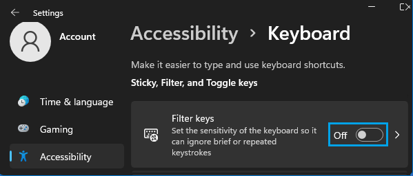 Disable Filter Keys in Windows 11