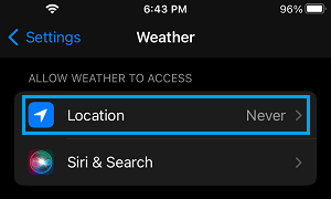 Location Settings Option For Weather App on iPhone