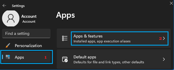 Apps & Features Settings Option in Windows